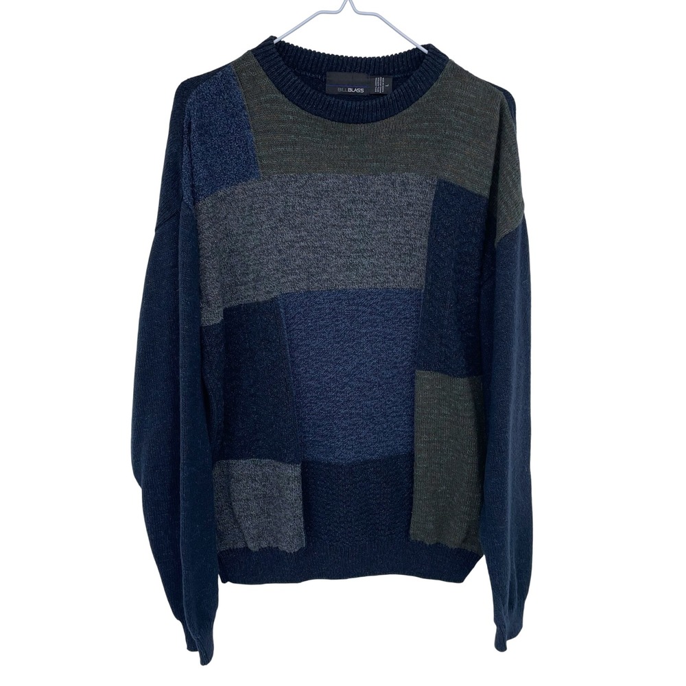 Vintage 90s‎ Bill Blass Mens Patchwork Knit Sweater Crewneck Large Colorblock